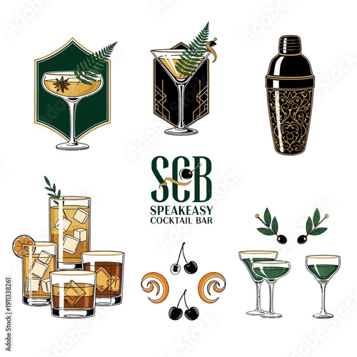 Set of Elegant Speakeasy Cocktail Bar Elements with Drinks and Shaker on Isolated White Background