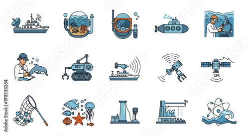 Oceanography and Marine Exploration Hand-Drawn Icon Set.