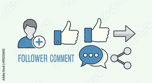 Social Media Icons: Follower Likes Comment Share and Arrow.