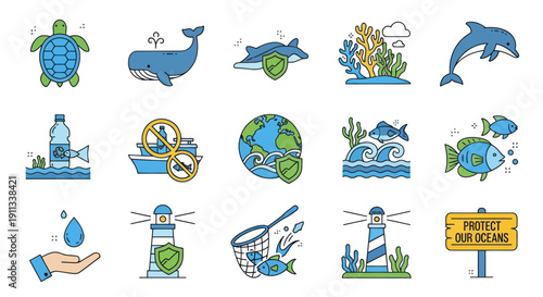 Marine Life Conservation Icons: Turtle Whale Dolphin Coral Earth and Ocean Protection Symbols.