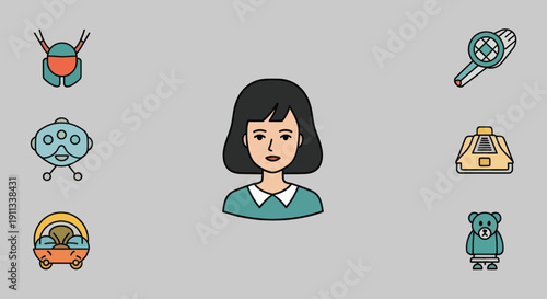Cartoon illustration of a young woman with short dark hair and blue collar shirt.