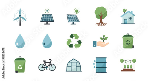 Collection of Eco-Friendly and Sustainable Energy Icons.