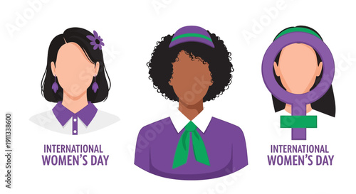 Diverse women celebrating International Women's Day with purple and green