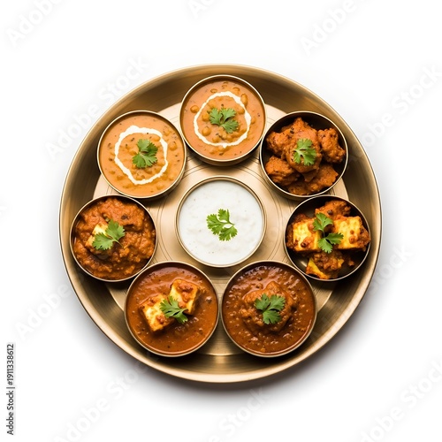 Delicious North Indian Thali, Overhead Isolated Studio Shot on Brass Plate.