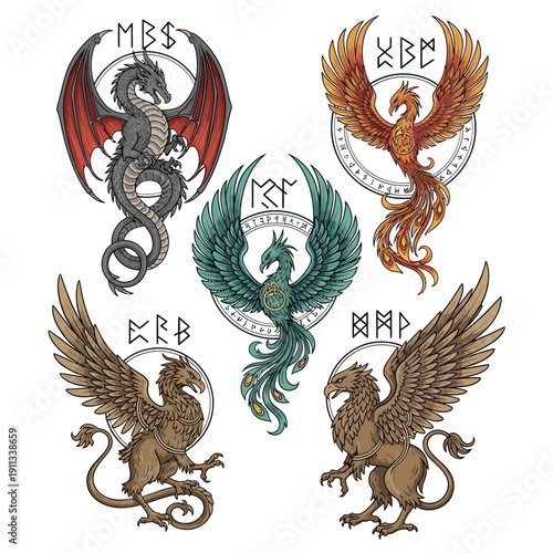 Detailed illustrations of mythical creatures including powerful dragons, majestic phoenixes, and noble griffins, surrounded by ancient runes.
