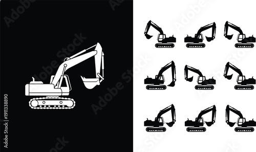 Excavator silhouette icon collection heavy construction machinery vector illustration isolated on black and white background