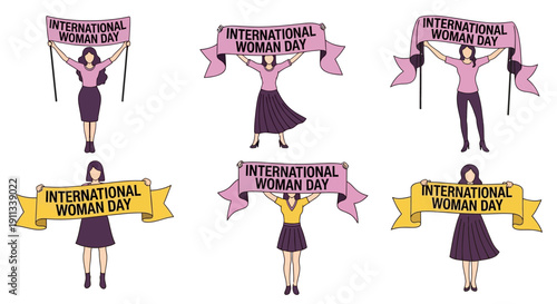 Women celebrating International Women's Day with banners