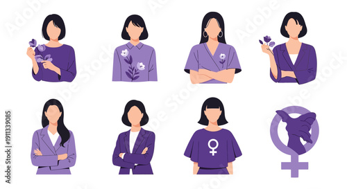 Diverse women in purple symbolizing female empowerment and equality