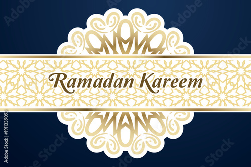 Ramadan Kareem Islamic Greeting with Golden Ornamental Pattern on Dark Blue Background