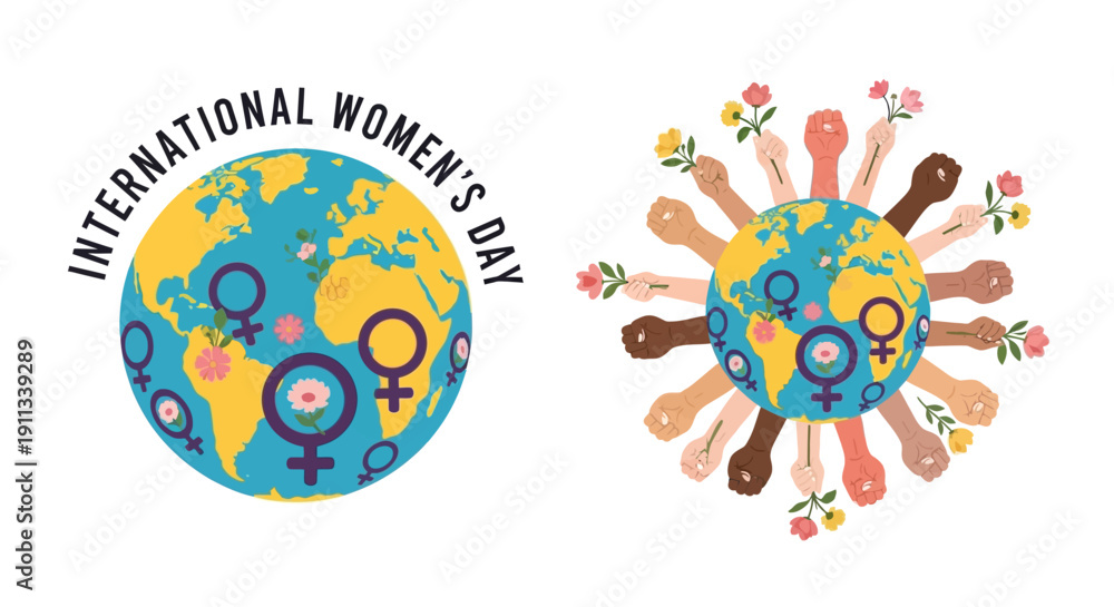 Fototapeta premium Diverse hands holding flowers around the globe celebrating International Women's Day