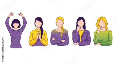 Diverse women expressing various emotions in modern illustration
