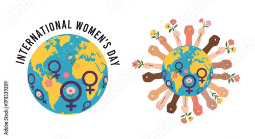 Diverse hands holding flowers around the globe celebrating International Women's Day