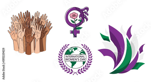 Diverse hands raised in solidarity on International Women's Day