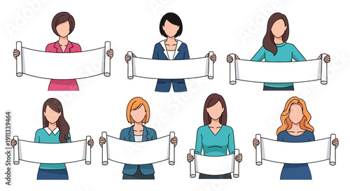 Diverse group of women holding blank banners for advertising