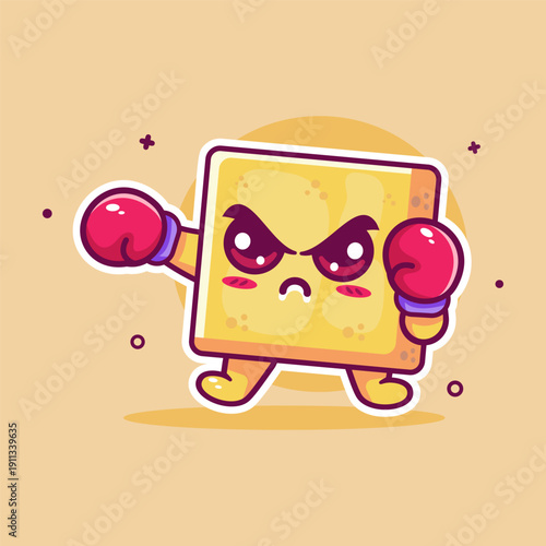 angry tofu food character mascot playing boxing sport isolated cartoon