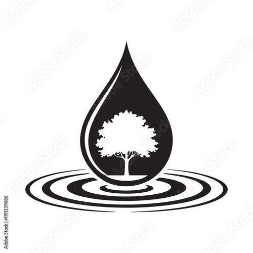 A single black water droplet containing a white tree and concentric circular ripples below it