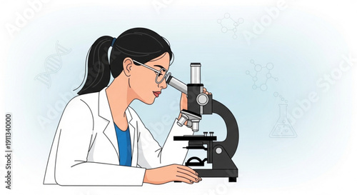 Female scientist examining samples through microscope in laboratory