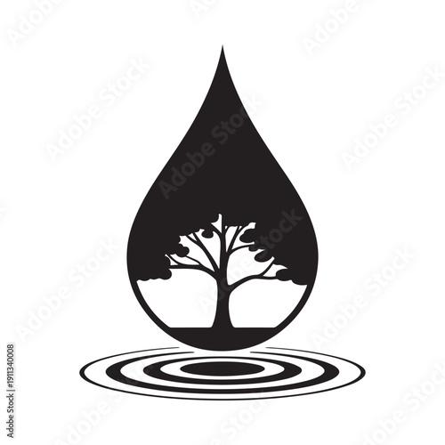 A striking black and white image depicts a water droplet containing a tree and ripple effects