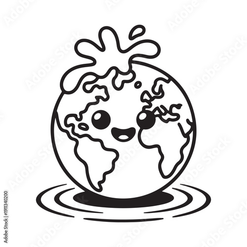 A charming cartoon illustration depicts a smiling earth globe playfully submerged in water droplets