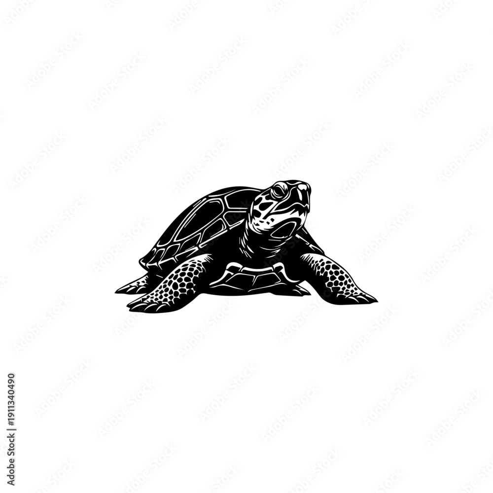 Obraz premium Illustration of a sea turtle swimming in the ocean viewed from the side in a detailed black and white artwork