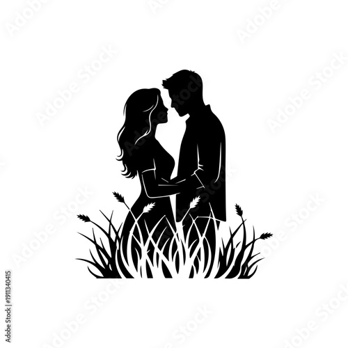 Couple embracing in a serene natural setting with lush vegetation surrounding them