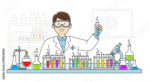 Smiling scientist conducting colorful chemistry experiment in modern lab