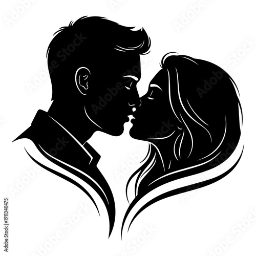Couple Sharing a Romantic Kiss, Silhouette Illustration, Intimate Moment, Close-up View
