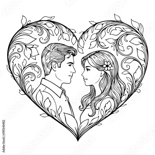 Couple Embracing in Heart-Shaped Frame with Floral Decor, Line Art, Close-Up View