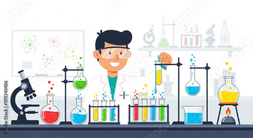 Scientist conducting colorful chemistry experiment in modern lab