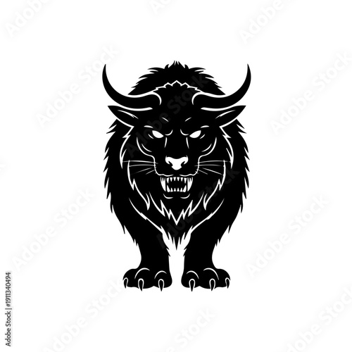 A fierce black lion illustration with sharp claws and teeth standing aggressively with a strong roar