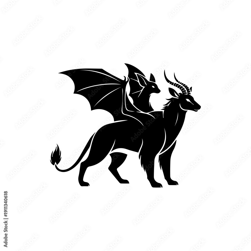 Fototapeta premium Mythical creatures, dragon and deer hybrid standing together in a symbolic illustration from a side viewpoint