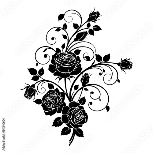 Elegant black rose bouquet illustration with swirling stems and leaves from a front viewpoint showcasing intricate floral designs