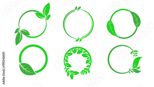 A set of circular frames decorated with leaf elements for eco and organic themed designs.