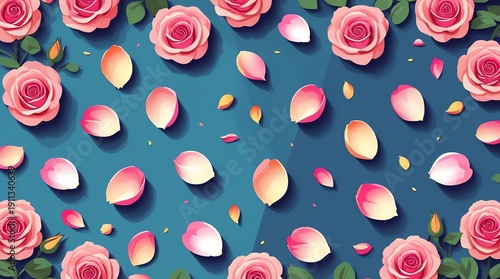 Beautiful Pink Roses and Petals Scattered on a Teal Background.