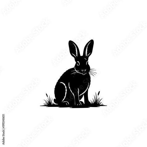 A rabbit sitting in the grass viewed from a slight angle with a simple illustration style