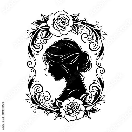 Elegant woman silhouette surrounded by ornate floral wreath and roses illustration