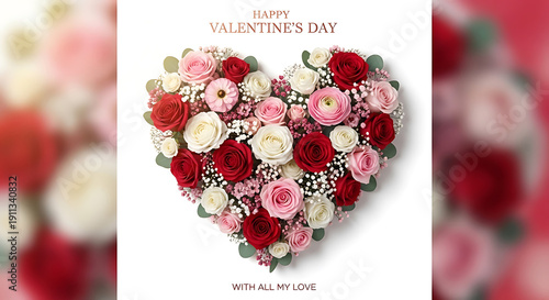 Premium Heart Shaped Floral Arrangement with Red and Pink Roses on White Background for Valentine's Day