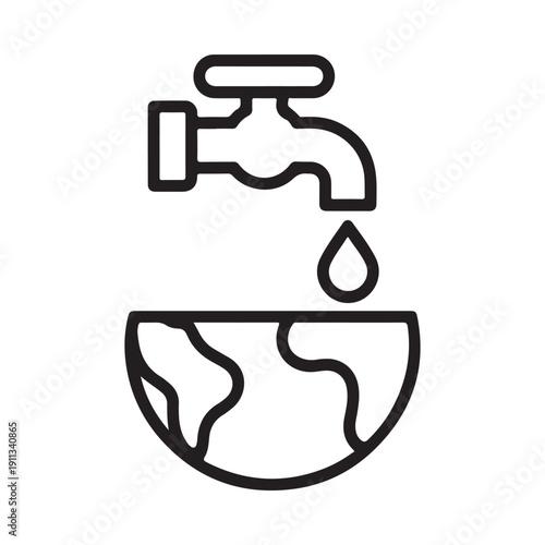 Foto A simple line drawing depicts a water faucet pouring onto a globe representing e