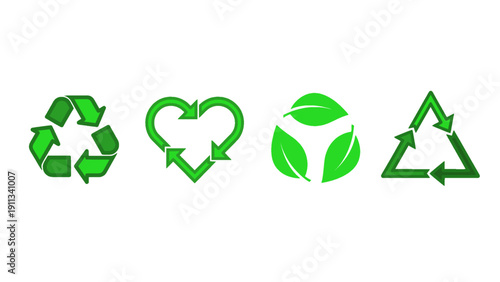 A collection of recycling and eco-friendly symbols representing sustainability and environmental care.