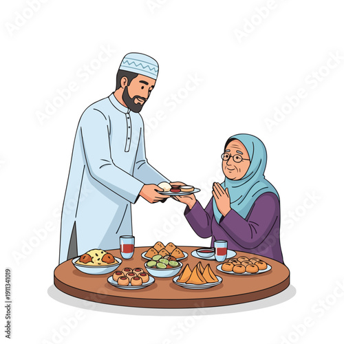Man serving food to woman at table with various dishes