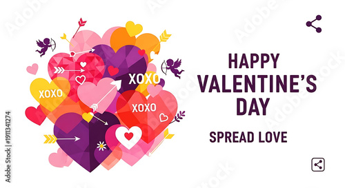 Modern Geometric Valentine's Day Graphic with Colorful Hearts Cupids and XOXO Typography on White Background