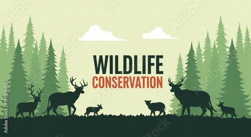 Wildlife conservation concept with deer family silhouette in forest nature protection and ecology theme vector illustration