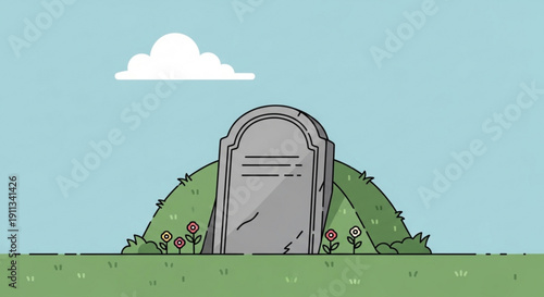 Tombstone on a grassy hill with flowers a simple flat illustration representing death remembrance and the afterlife isolated on a light blue