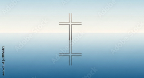 Minimalist Christian cross symbol with reflection on a gradient blue background representing faith and spirituality