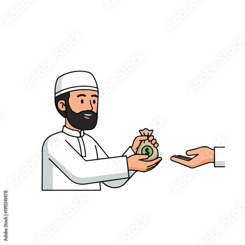 Man in white robe and cap offering a handful of money