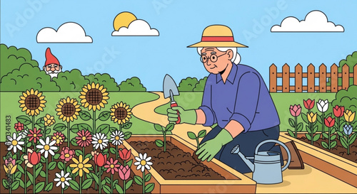 Elderly woman gardening in a vibrant flower bed planting seedlings with a watering can nearby sunny day with clouds and a garden gnome