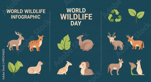World Wildlife Day infographic with diverse animals and nature icons flat vector illustration for conservation awareness and education