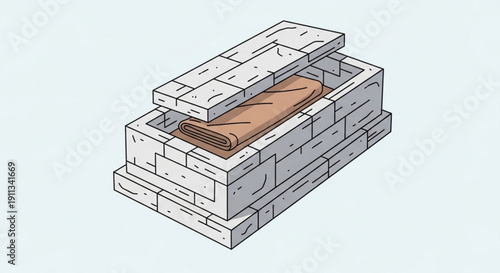 Stone sarcophagus with lid open ancient burial container illustration concept of history and archaeology isolated on light blue background