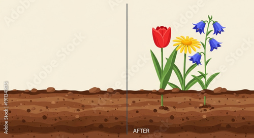 Before and after comparison of planting flowers showing growth from seed to bloom in garden soil concept of gardening and plant care