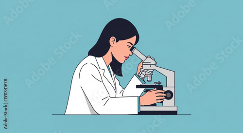 Female scientist examining samples with microscope in lab coat